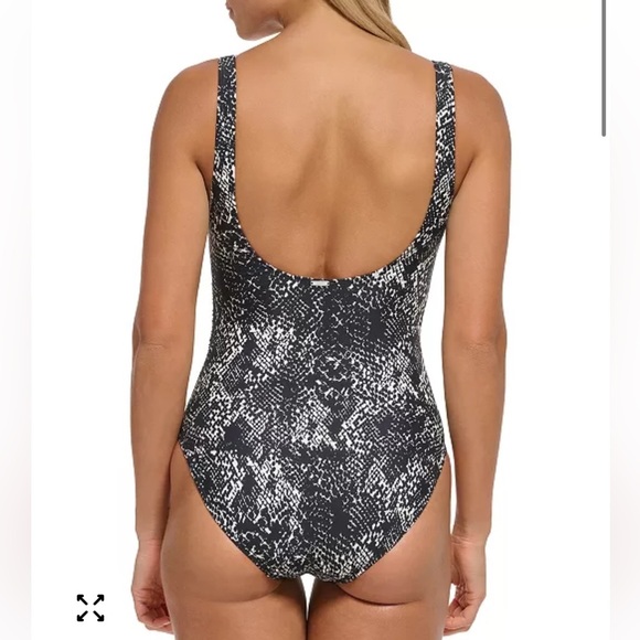 DKNY One Piece Swimsuit Snakeskin Print Mesh Side Panels Ruched Waist Size 4